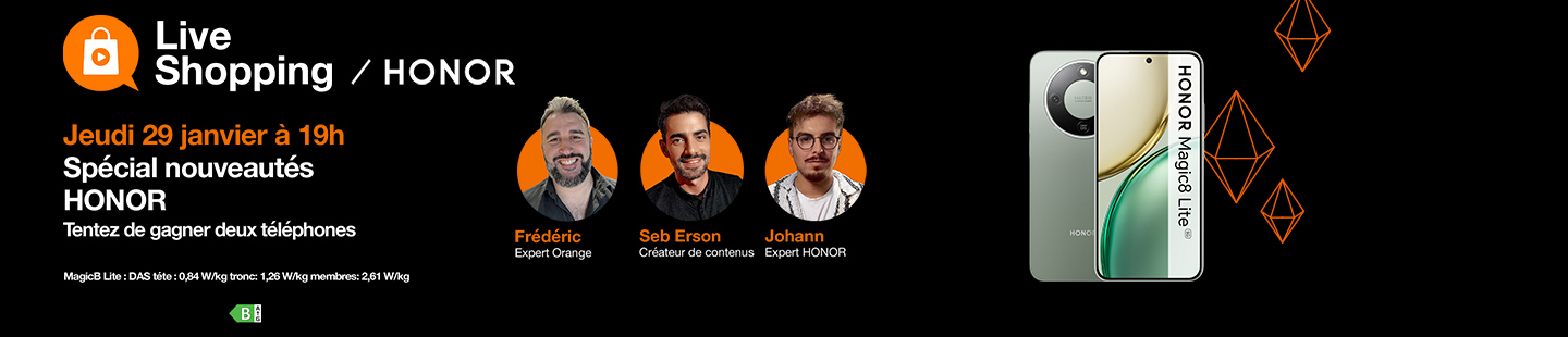Live Shopping HONOR jeudi 29 Janvier à 19h Spécial nouveautés HONOR. Tentez de gagner deux téléphones