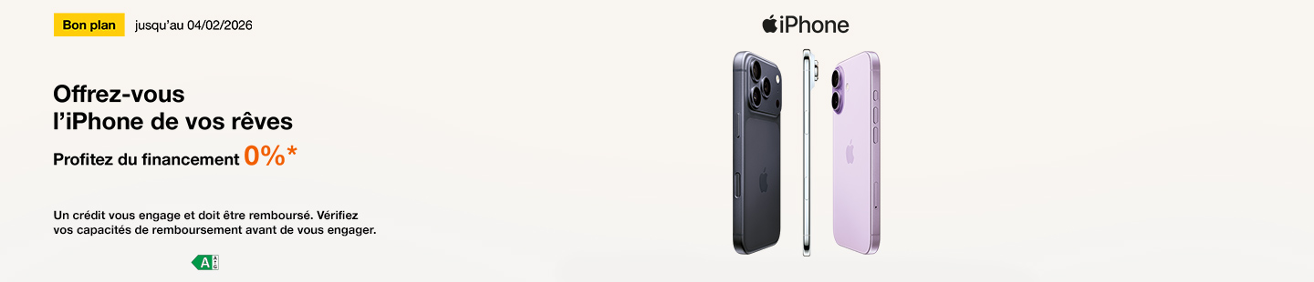 Bon plan jusqu'au 04 février 2026. Offrez-vous l'iPhone de vos rêves. Profitez du financement 0%*. Un crédit vous engage et doit être remboursé. Vérifiez vos capacités de remboursement avant de vous engager.