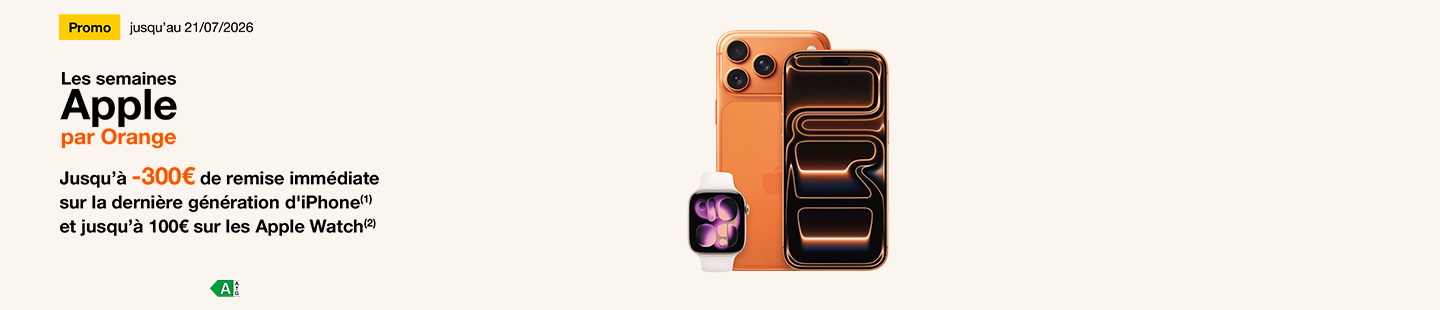 Promo jusqu'au 21 juillet 2026 Les semaines Apple Jusqu’à 300€ de remise immédiate sur la dernière génération d’iPhone(1) et jusqu'à 100€ sur les Apple Watch (2)
