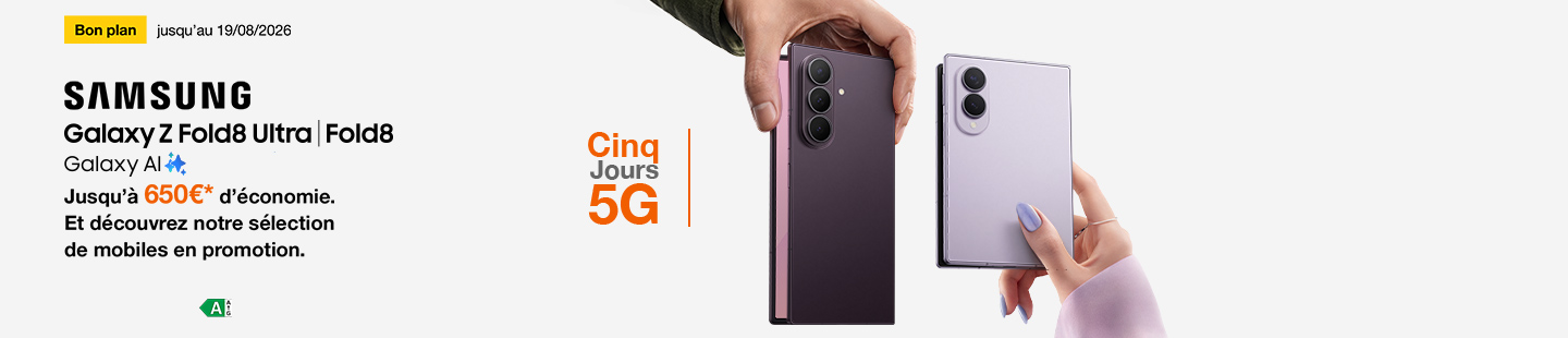 Bon plan jusqu'au 19 août 2026 Samsung Galaxy Z Fold8 | Z Fold 8 Ultra Galaxy AI Jusqu'à 650€ d'économie*. Et découvrez notre sélection de mobiles en promotion.