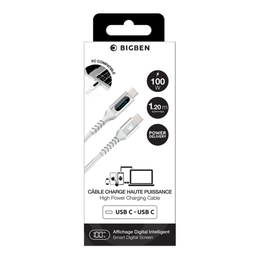 Belkin Câble de charge tressé Bigben avec écran LCD USB-C vers USB-C 100W 1.2 mètre blanc