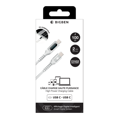 Belkin Câble de charge tressé Bigben avec écran LCD USB-C vers USB-C 100W 2 mètres blanc