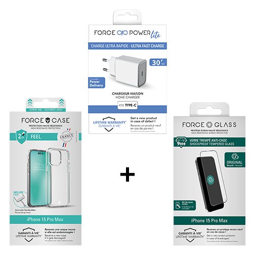 Pack film + coque + chargeur 30W pour iPhone 15 Pro Max