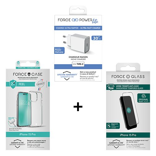 Pack film + coque + chargeur 30W pour iPhone 15 Pro