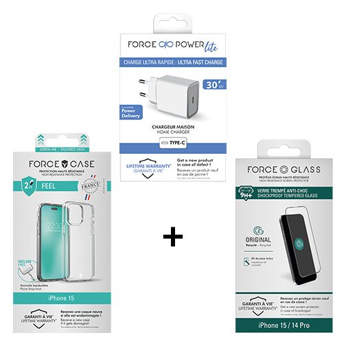 Pack film + coque + chargeur 30W pour iPhone 15