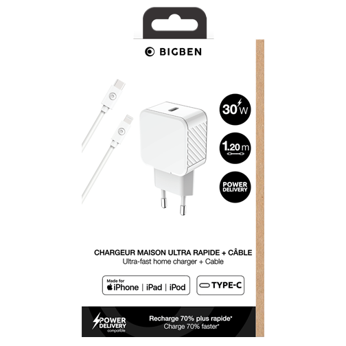 Chargeur secteur Bigben USB-C 30W & câble Lightning