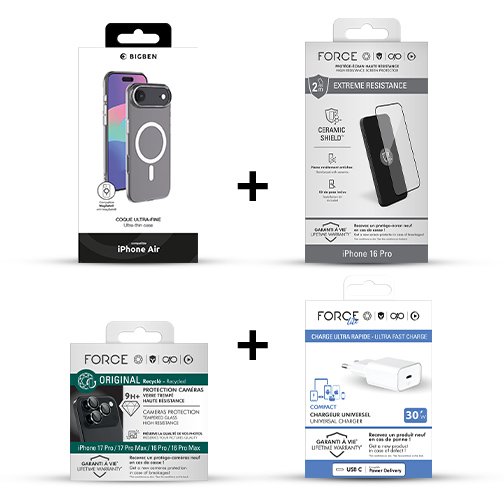Pack Force Mobility films écran et objectifs + coque fine + chargeur USB-C 30W pour iPhone 17 Air 