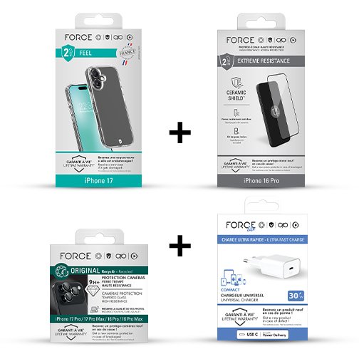Force Case Pack Force Mobility films écran et objectifs + coque + chargeur USB-C 30W pour iPhone 17