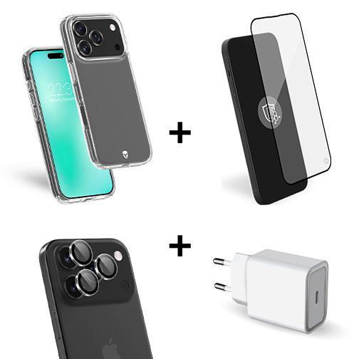 Pack Force Mobility films écran et objectifs + coque + chargeur USB-C 30W pour iPhone 17 Pro