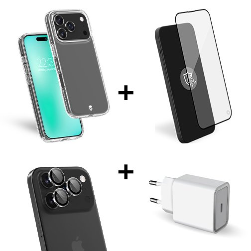Pack Force Mobility films écran et objectifs + coque + chargeur USB-C 30W pour iPhone 17 Pro Max