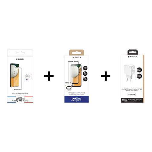 Pack Bigben film + coque made in France + chargeur 20W pour Samsung A15 4G & 5G