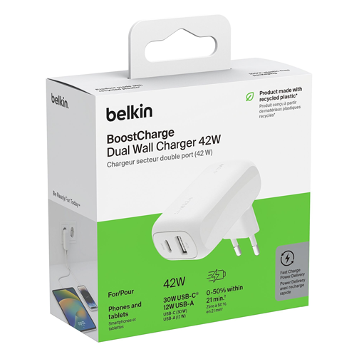 Chargeur secteur Belkin 2 ports USB-A & C 42W blanc