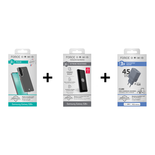 Force Case Pack Force Mobility film + coque + chargeur USB-C 45W pour Samsung Galaxy S26+