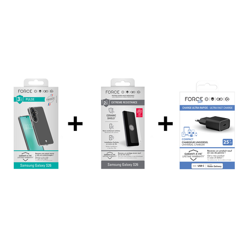 Force Case Pack Force Mobility film + coque + chargeur USB-C 25W pour Samsung Galaxy S26 5G