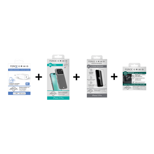 Pack Force Mobility films écran et objectifs + coque + chargeur USB-C 30W pour iPhone 17 Pro