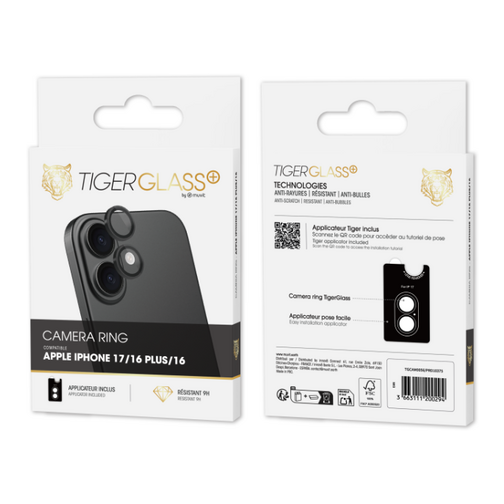 Film Tiger Glass+ pour objectifs photo d'iPhone 16, 16 Plus et 17 cristal
