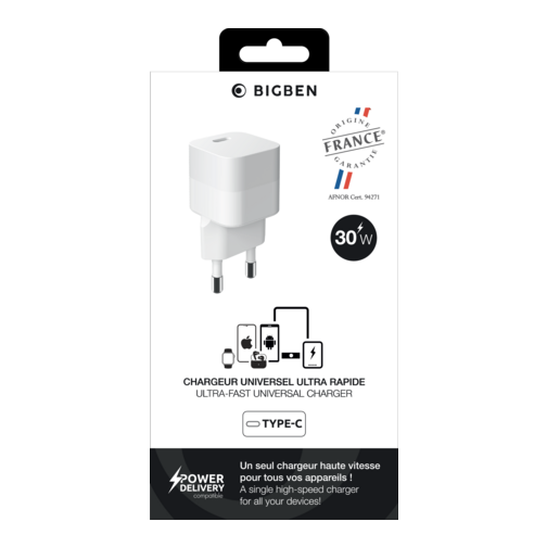 Chargeur secteur Bigben Power Delivery origine France garantie USB-C 30W blanc