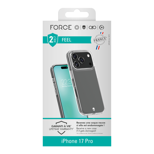 Pack Force Mobility films écran et objectifs + coque + chargeur USB-C 30W pour iPhone 17 Pro