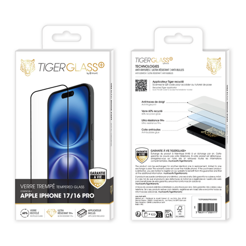 Film Tiger Glass+ pour iPhone 16 Pro et 17 cristal