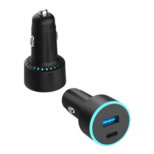 Chargeur allume-cigare Force Power 2 ports USB-A et C 65W  et câble noirs 1 mètre