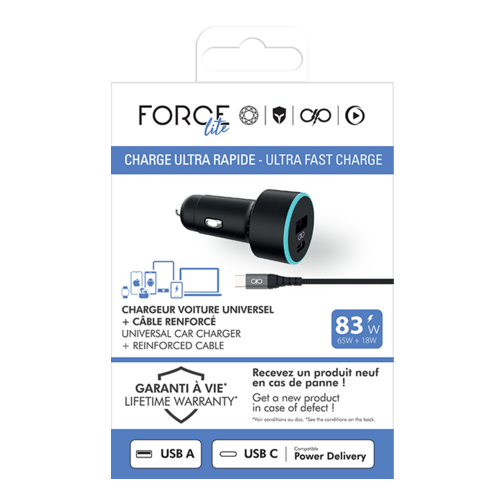 Chargeur allume-cigare Force Power 2 ports USB-A et C 65W  et câble noirs 1 mètre