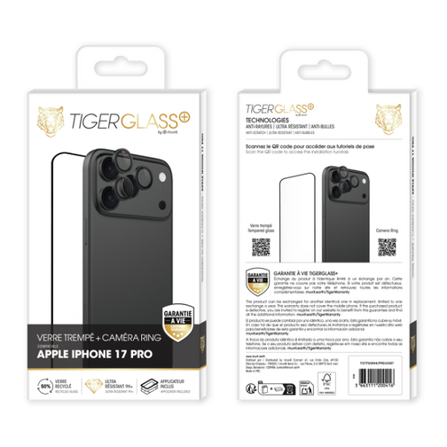 Pack films Tiger Glass+ écran & objectifs pour iPhone 17 Pro cristal
