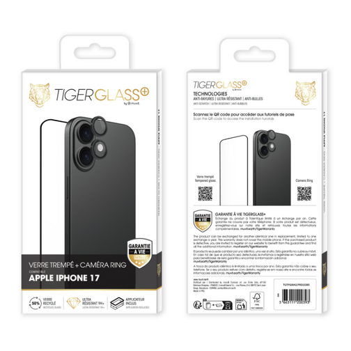 Pack films Tiger Glass+ écran & objectifs pour iPhone 17 cristal