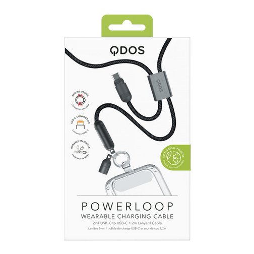 Bandoulière câble de charge USB-C vers USB-C QDOS 1.2 mètre noir