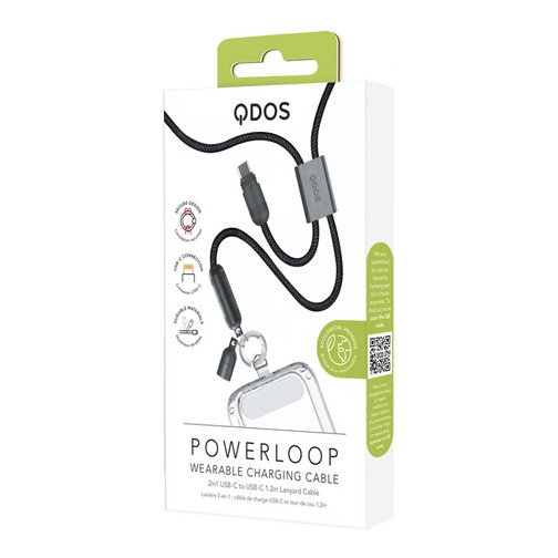 Bandoulière câble de charge USB-C vers USB-C QDOS 1.2 mètre noir