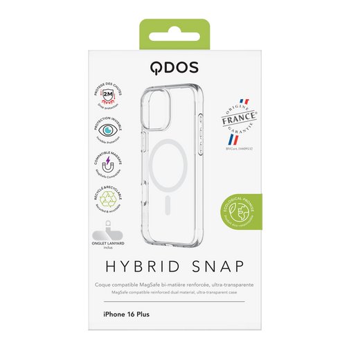Coque Hybrid GRS QDOS compatible MagSafe origine France garantie pour iPhone 16 Plus cristal
