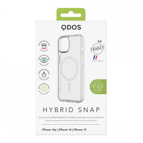 Coque Hybrid GRS QDOS compatible MagSafe origine France garantie pour iPhone 13, 14 et 16e cristal