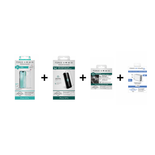 Force Case Pack Force Mobility films écran et objectifs + coque + chargeur USB-C 30W pour iPhone 16