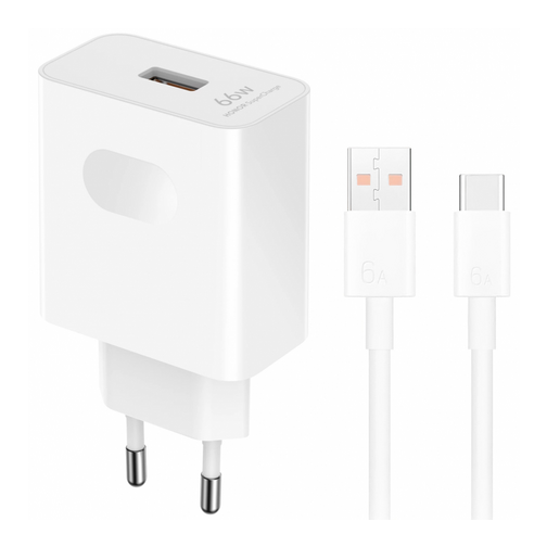 Chargeur secteur HONOR Power delivery USB-A 66W et câble USB-C blancs