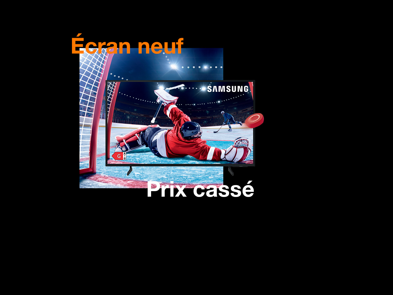 Une TV connectée Samsung de 109cm avec en image d'arrière plan un joueur de hockey en définition 4K