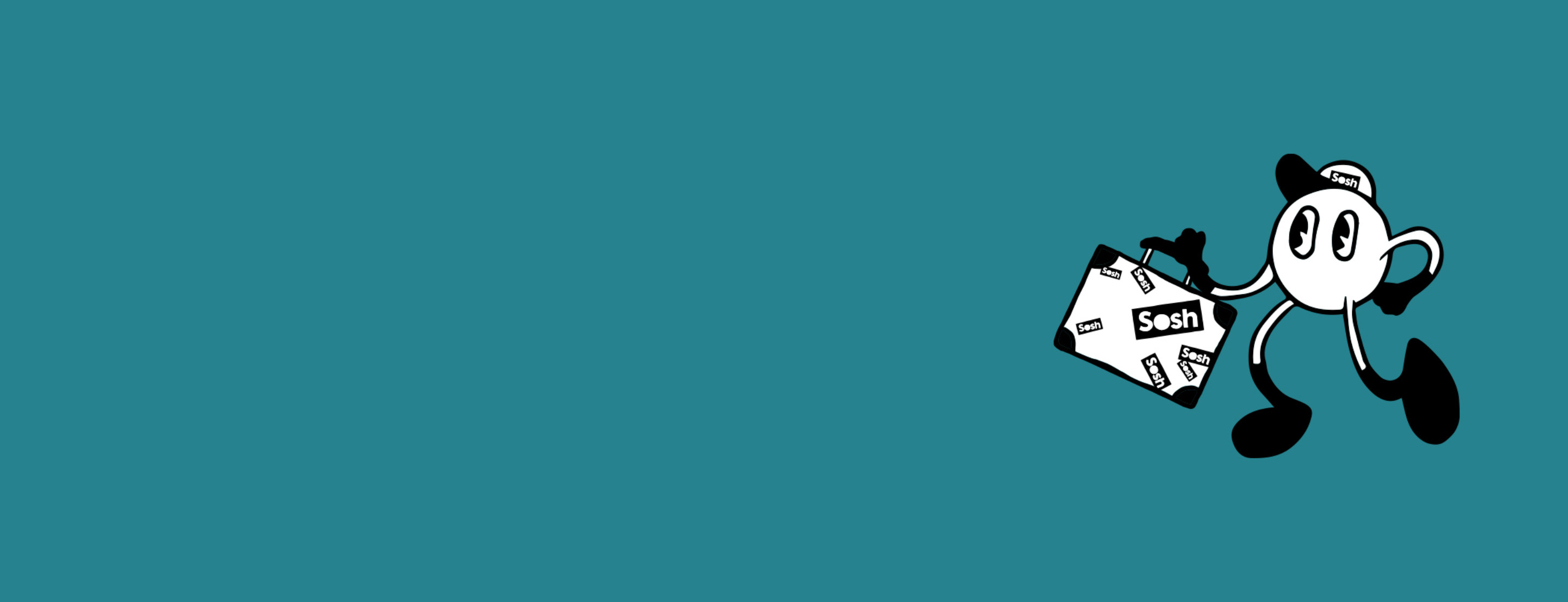 Personnage cartoon portant une valise avec des logo "Sosh" sur fond turquoise.