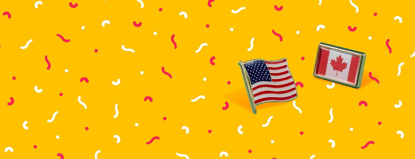 Drapeaux des États-Unis et du Canada sur un fond jaune avec des motifs colorés.