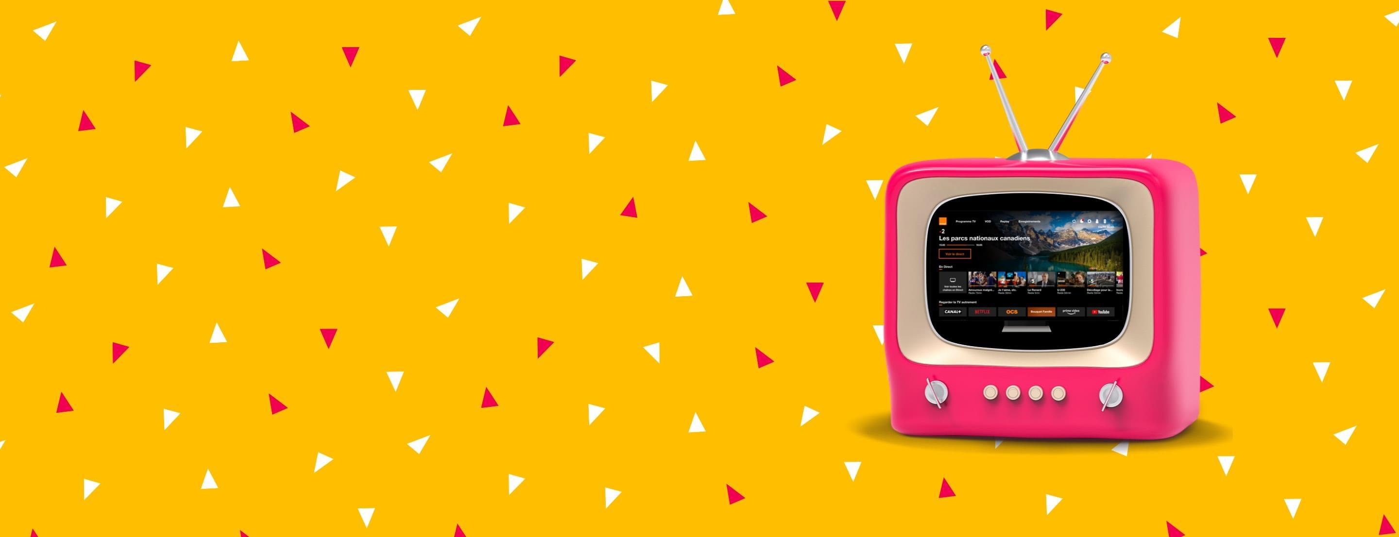 Télévision rétro rose affichant des programmes sur un fond jaune avec des motifs colorés.