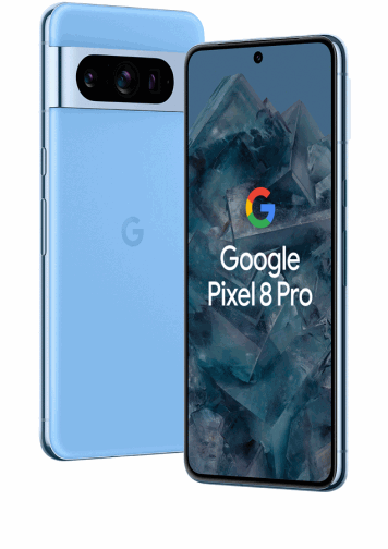 Google Pixel 8 Pro Bleu de dos et de face, de 3/4.