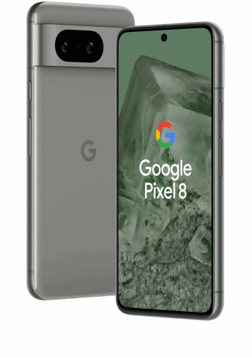 Google Pixel 8 Vert de dos et de face, de 3/4.