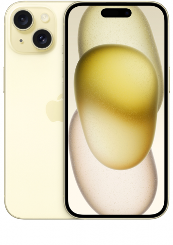 Visuel iPhone 15 jaune de face et de dos