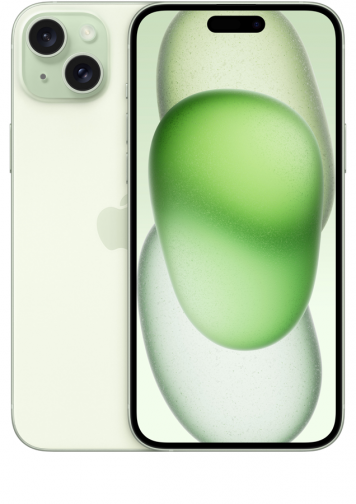 Visuel de face et de dos iPhone 15 Plus vert.