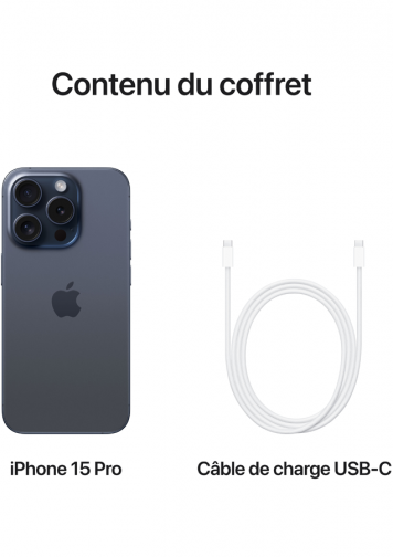 Visuel iPhone 15 Pro titane bleu avec cable USBC