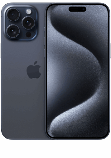 Visuel de dos et de face iPhone 15 Pro Max Titane bleu.