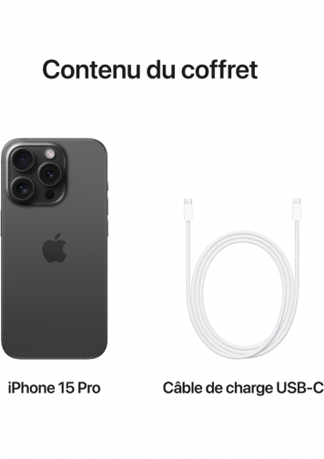Visuel iPhone 15 Pro avec cable USB-C noir de face et de dos 