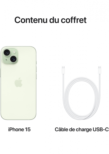 Visuel iPhone 15 vert avec cable
