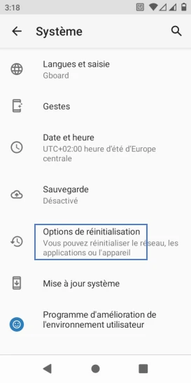 Étape 5 : Validez Options de réinitialisation.