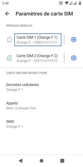 Étape 5 : Sélectionnez la carte SIM souhaitée. Dans notre exemple, sélectionnez la carte SIM 1 (Orange F 1).
