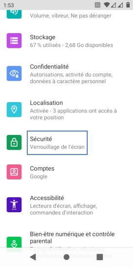 Étape 3 : Sélectionnez Sécurité.