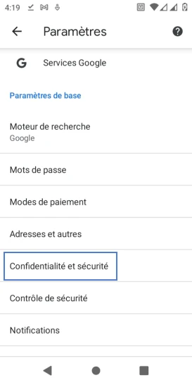 Étape 4 : Choisissez Confidentialité et sécurité.