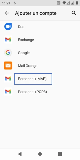 Étape 5 : Choisissez votre Fournisseur d'Accès Internet (FAI) (dans le cadre de notre démonstration, Personnel (IMAP)).